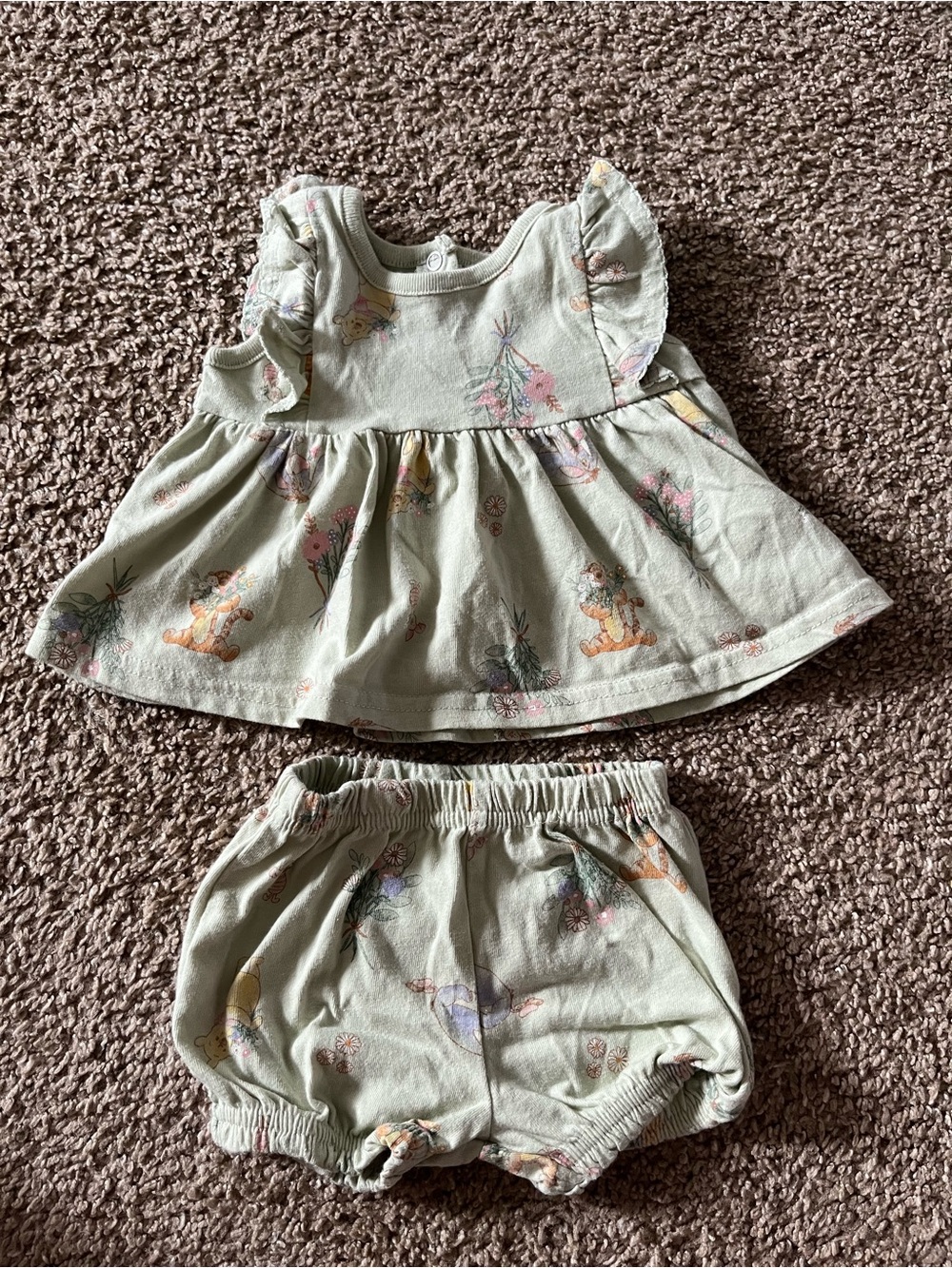 Disney Baby Girls' Light Sage Floral Flutter-Sleeve Top & Bloomer Set Newborn